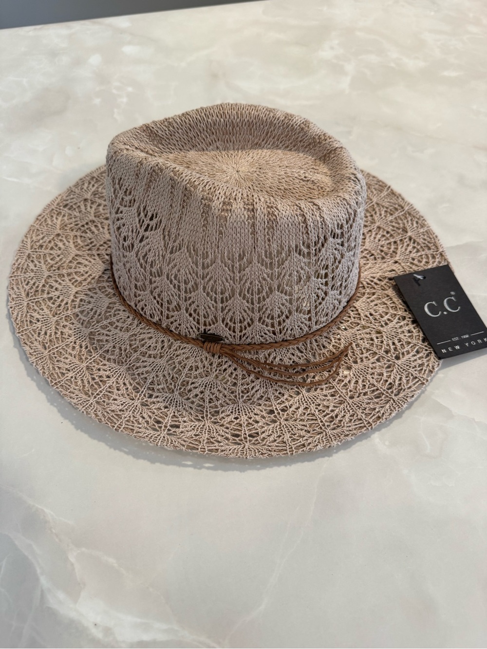 C.C Crochet Sun Hat in Beige with Brown Tie